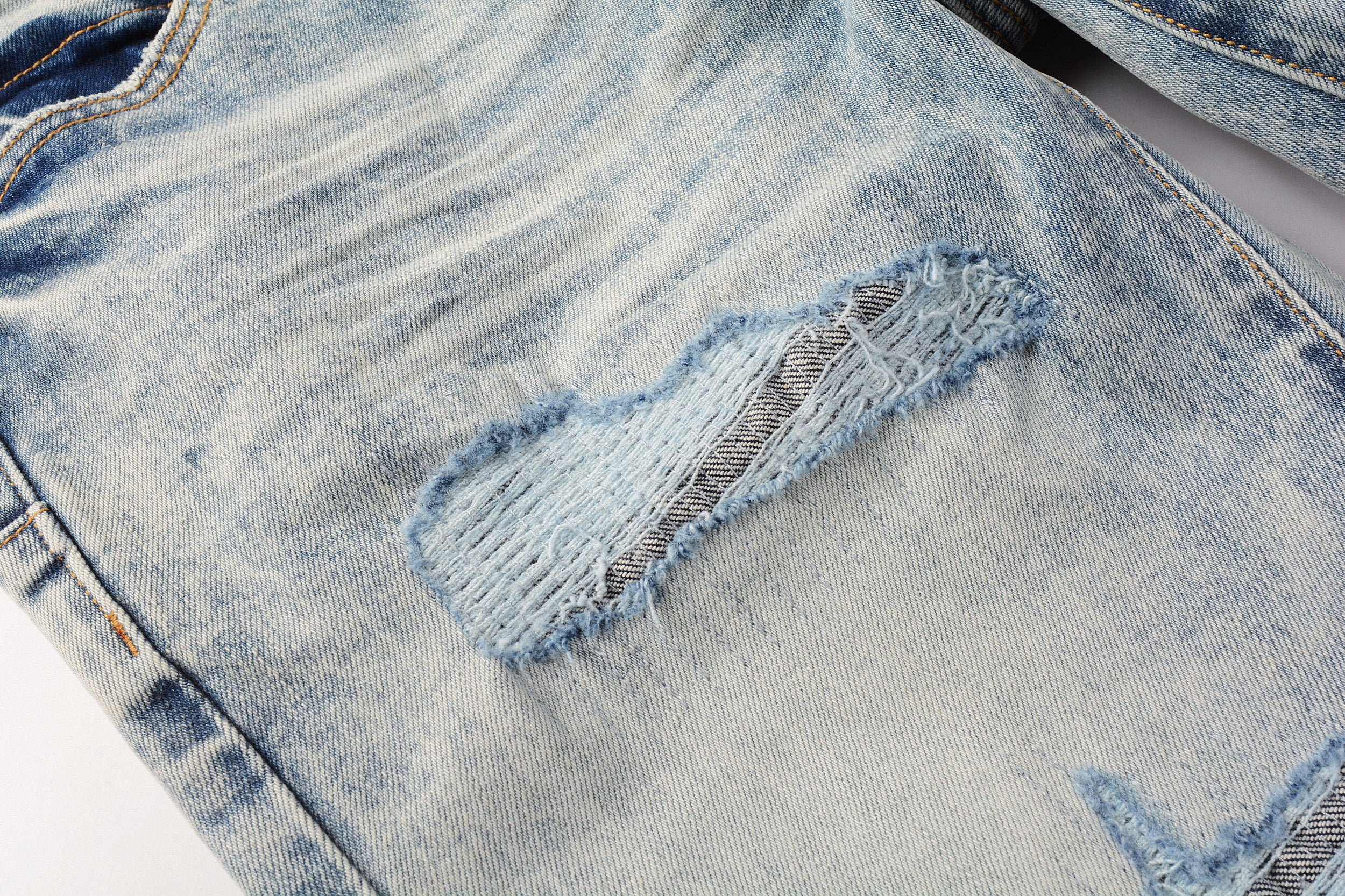 Men's Distressed Light Indigo Skinny Jeans with Ripped Holes & Button Fly