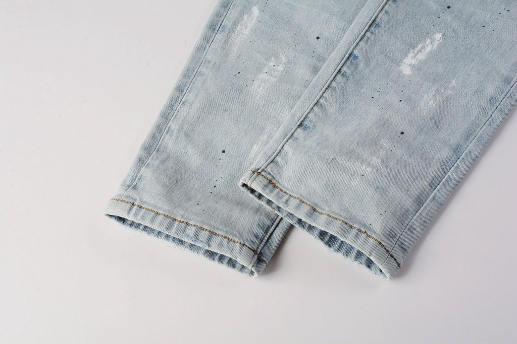 Men's High Street Washed Light Blue Distressed Damaged Holes Ripped Jeans