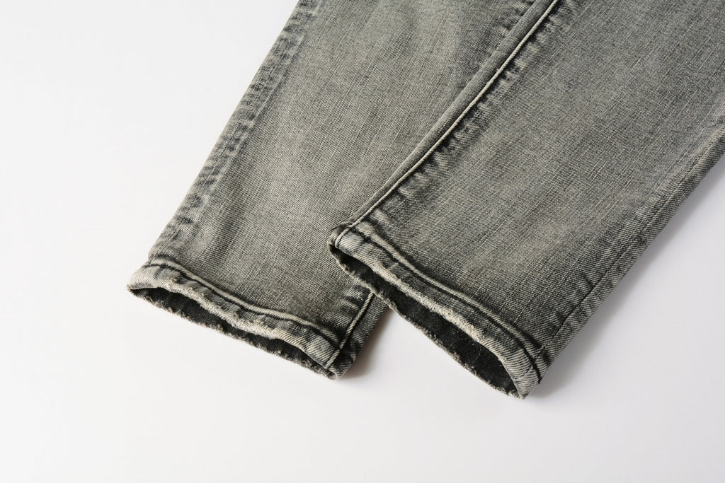 Men's High Street Distressed Ash Gray Skinny Jeans with Ripped Holes & Button Fly