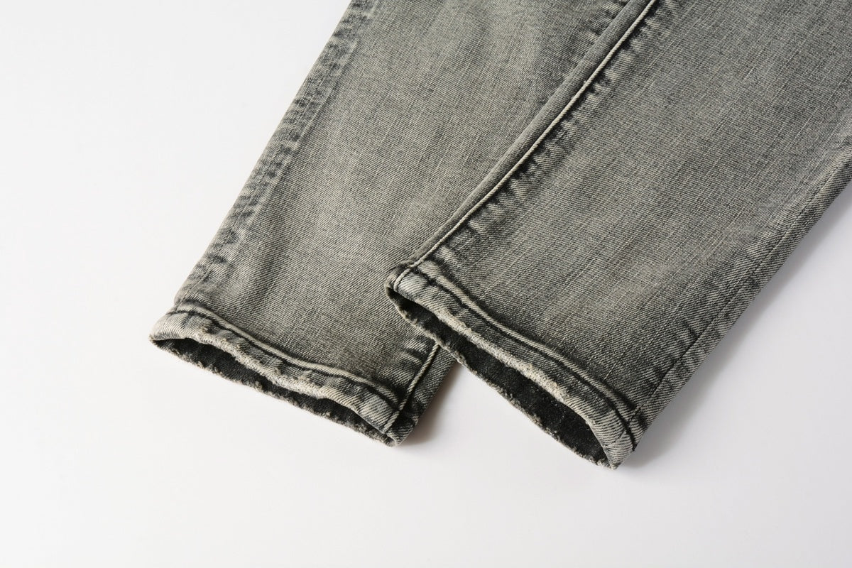Men's High Street Distressed Ash Gray Skinny Jeans with Ripped Holes & Button Fly