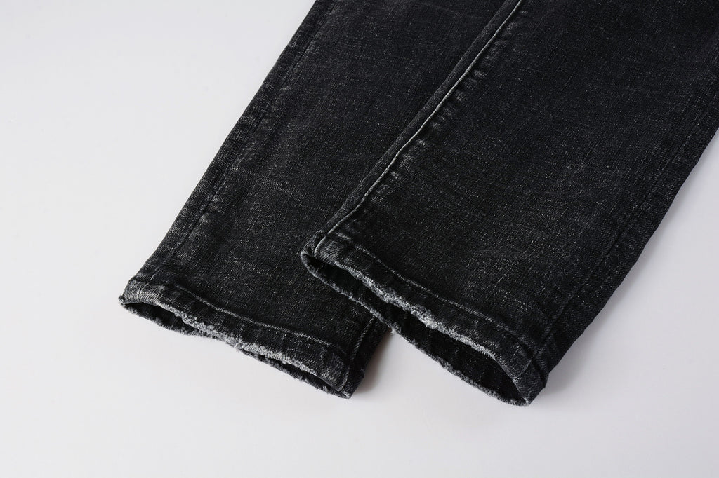 Men's Distressed Black Gray Skinny Jeans with Ripped Holes & Button Fly