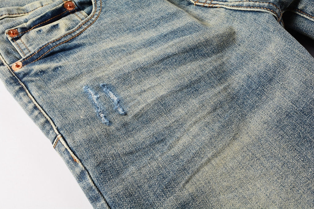 Men's Slim Fit Distressed Light Blue Damaged Holes Blue Patchwork Stretch Ripped Jeans Pants