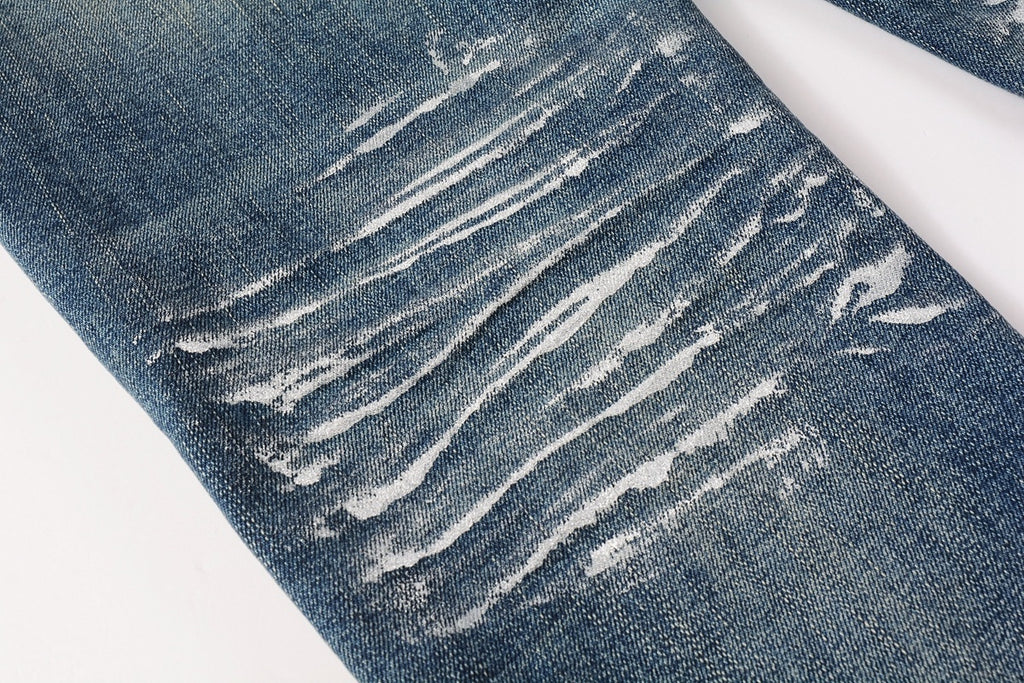 Men's Streetwear Slim Fit Distressed Classical Blue Graffiti Stretch Jeans