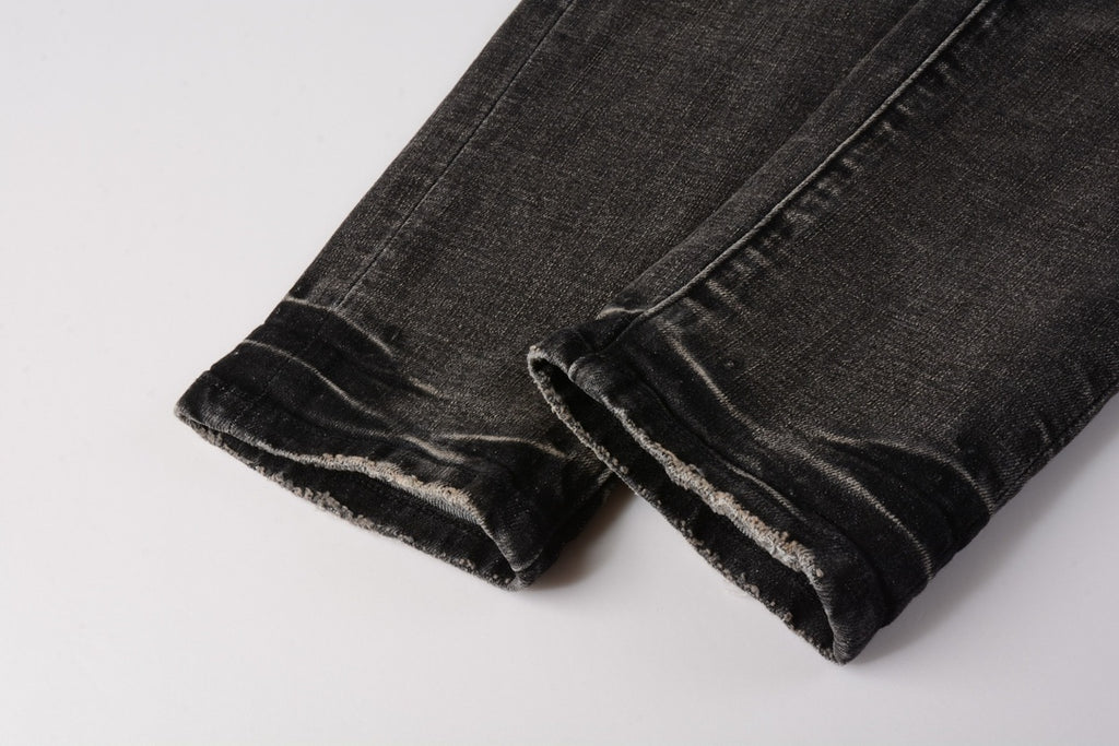 Men's Distressed Black Gray Patchwork Skinny Jeans with Ripped Holes & Button Fly