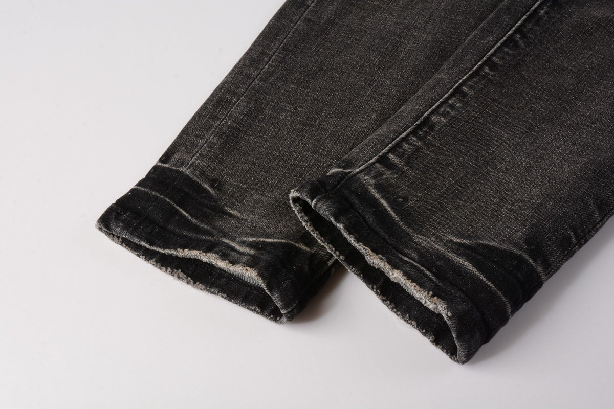 Men's Distressed Black Gray Patchwork Skinny Jeans with Ripped Holes & Button Fly
