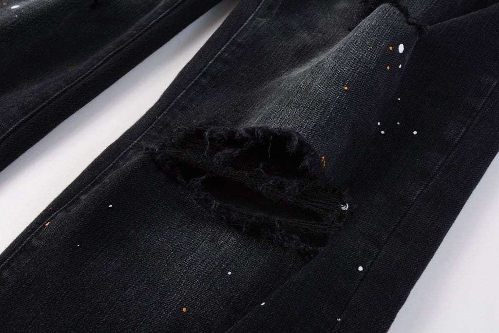Men's Streetwear Slim Fit Distressed Black Damaged Holes Stretch Ripped Jeans