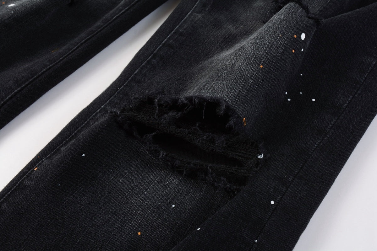 Men's Streetwear Slim Fit Distressed Black Damaged Holes Stretch Ripped Jeans