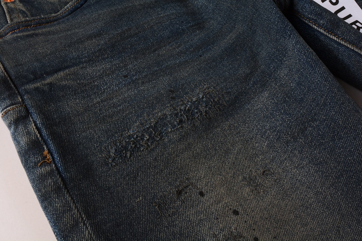 Men's High Street Distressed Blue Painted Dirty Slim Fit Ripped Jeans