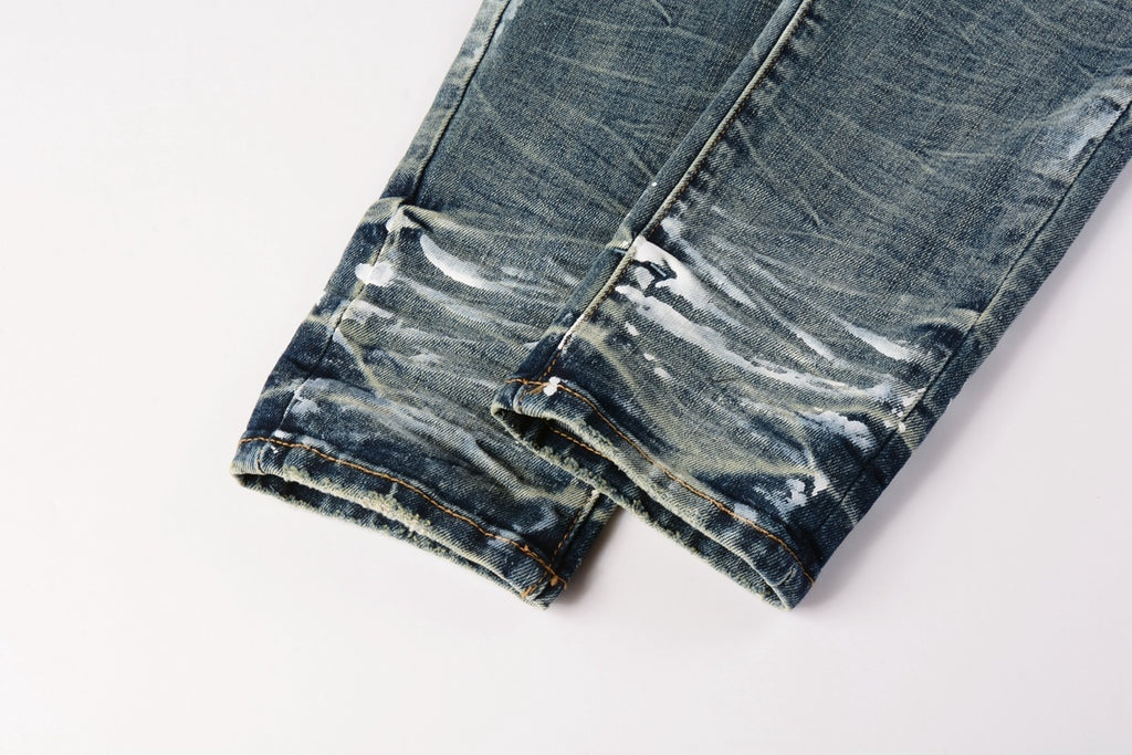 Men's High Street Distressed Blue Graffiti Stretch Skinny Ripped Jeans