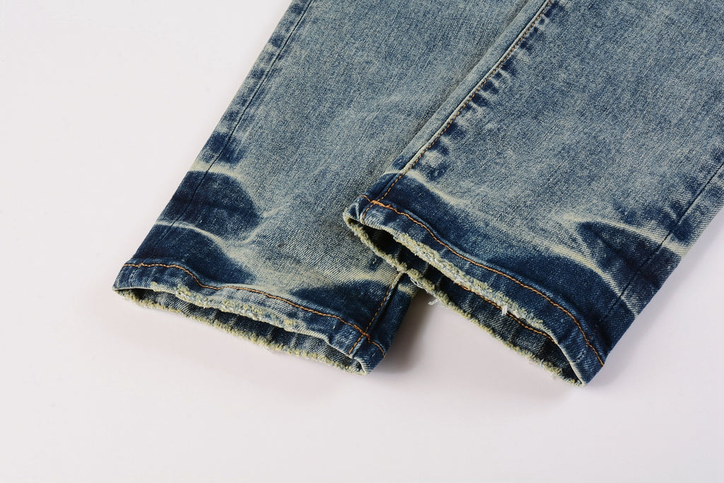 Men's Distressed Light Blue Patchwork Stretch Slim Fit Ripped Denim Jeans