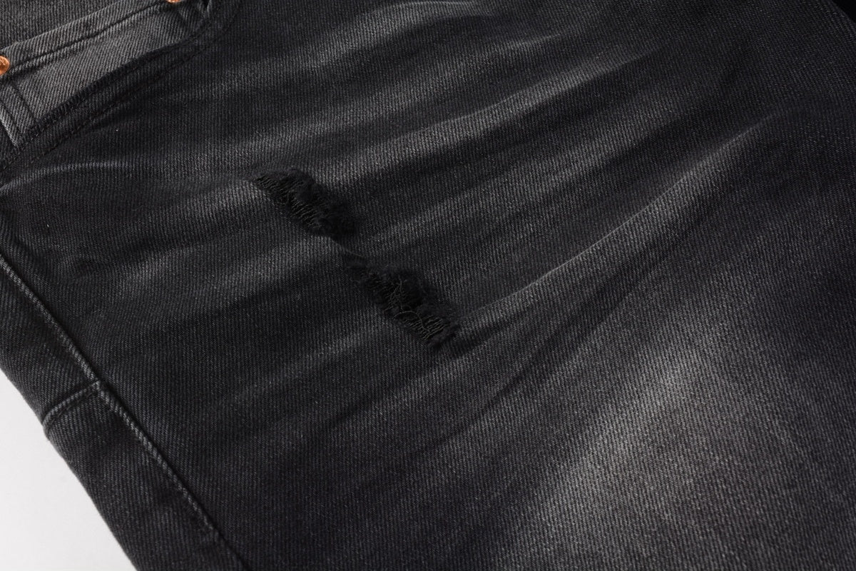 High Street Distressed Black Gray Destroyed Holes Stretch Slim Fit Ripped Jeans For Men