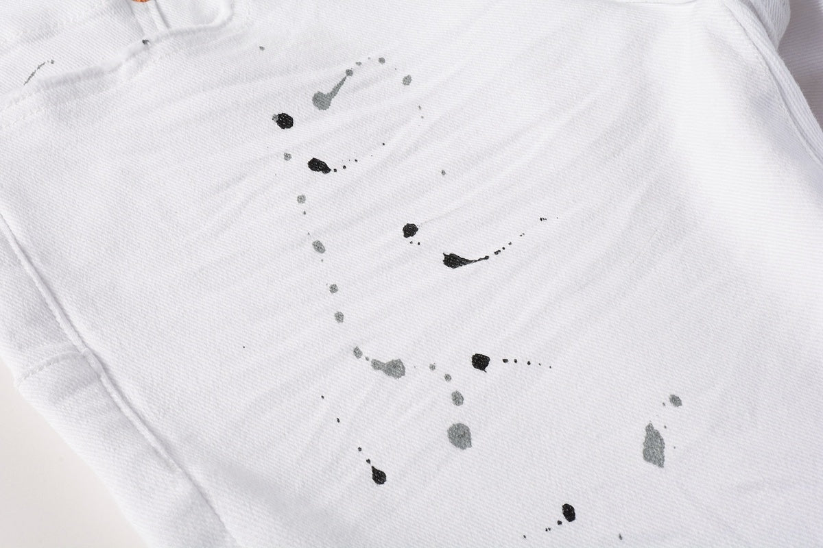Men's White Distressed Damaged Holes High Stretch Slim Fit Spray Paint Ripped Jeans