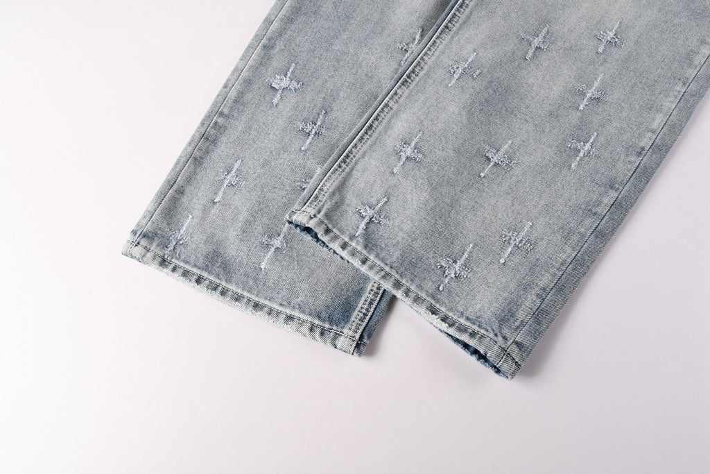 Men’s Light Wash Baggy Jeans - Cross Embroidered Loose Denim