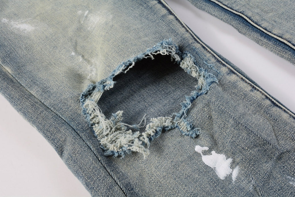 Men's Streetwear Slim Fit Distressed Blue Damaged Holes Graffiti Stretch Ripped Jeans