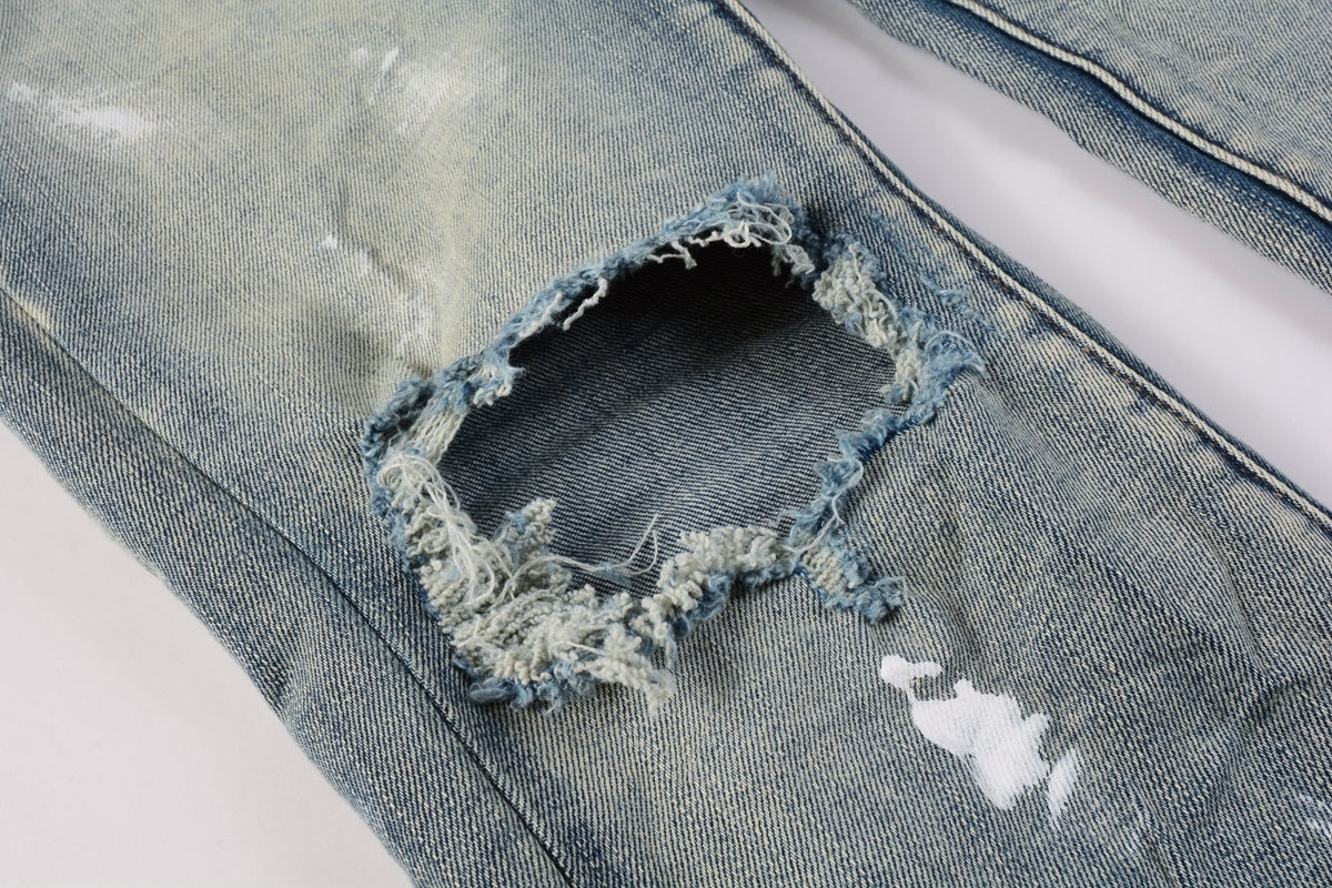 Men's Streetwear Slim Fit Distressed Blue Damaged Holes Graffiti Stretch Ripped Jeans