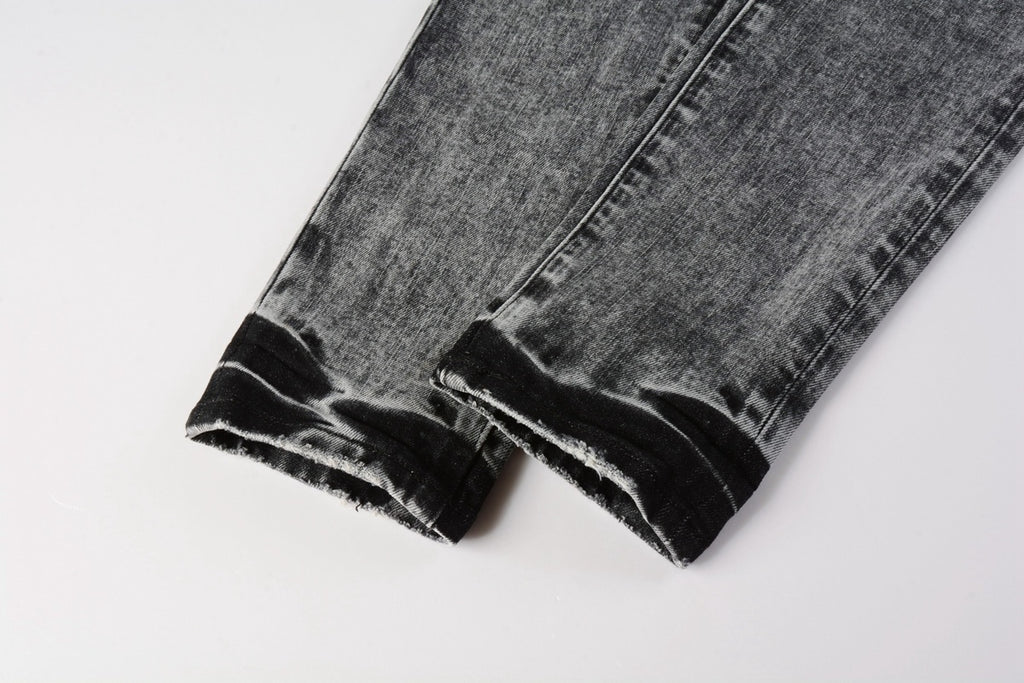 Men's Distressed Ash Gray Skinny Jeans with Ripped Holes & Button Fly