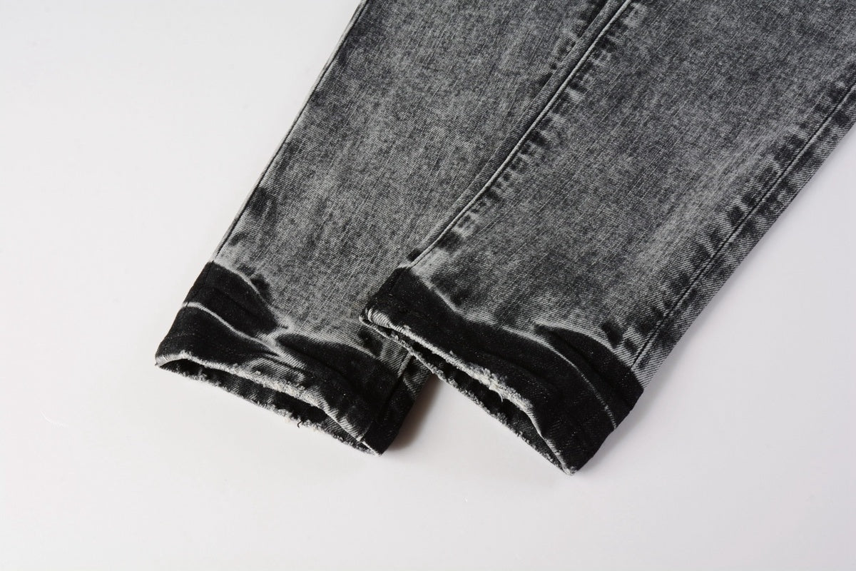 Men's Distressed Ash Gray Skinny Jeans with Ripped Holes & Button Fly