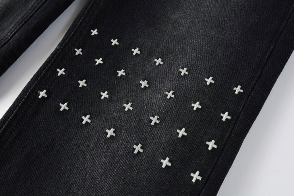 Men's Black Wash Cross-Studded Distressed Skinny Jeans - Stretch Denim
