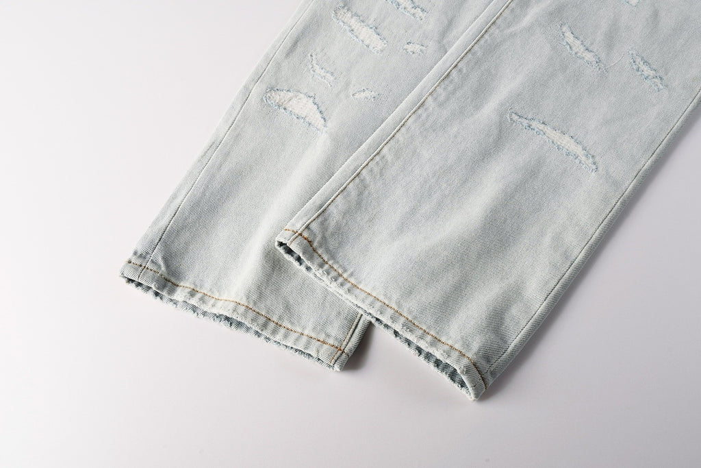 Men's Wide Leg Distressed Blue Jeans with Bandanna Patchwork, Ripped Holes & Button Fly
