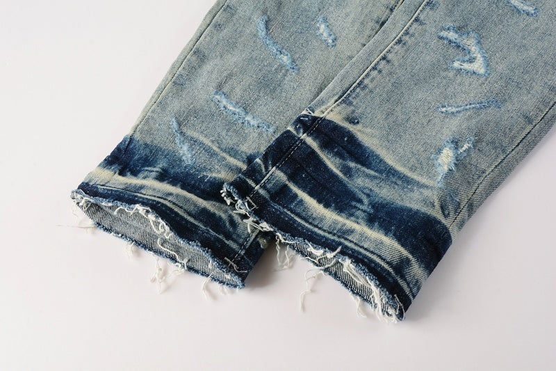 Men's Distressed Light Blue Graffiti Ripped Skinny Jeans with Button Fly & Damaged Holes