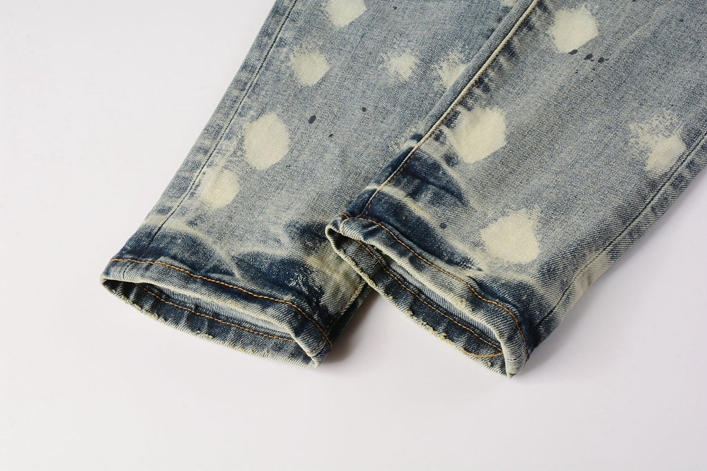 Men's Distressed Light Blue Graffiti Skinny Jeans with Ripped Holes & Button Fly