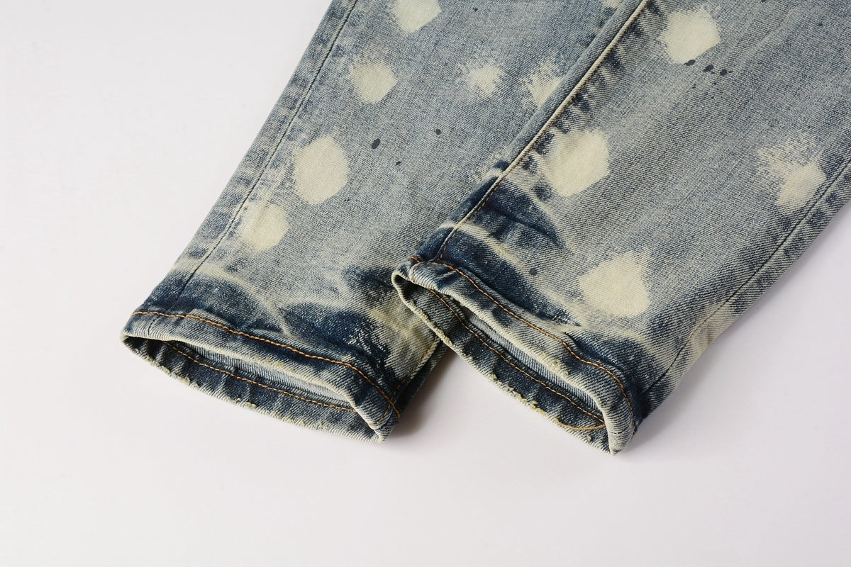 Men's Distressed Light Blue Graffiti Skinny Jeans with Ripped Holes & Button Fly