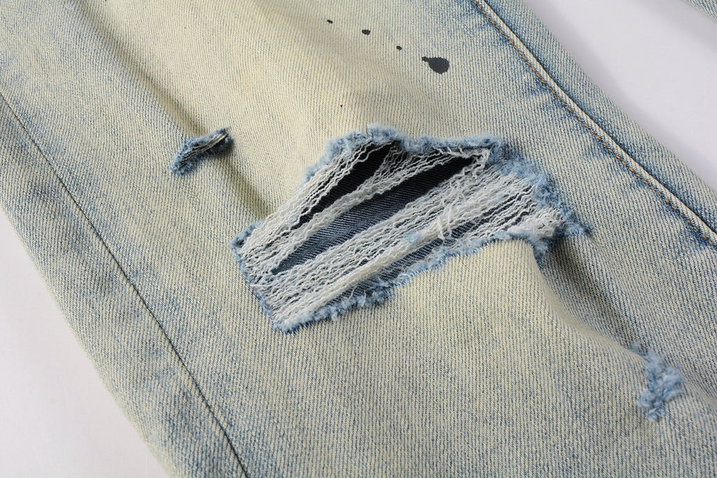 Men's High Street Distressed Blue Destroyed Hole Slim Fit Spray Paint Ripped Jeans