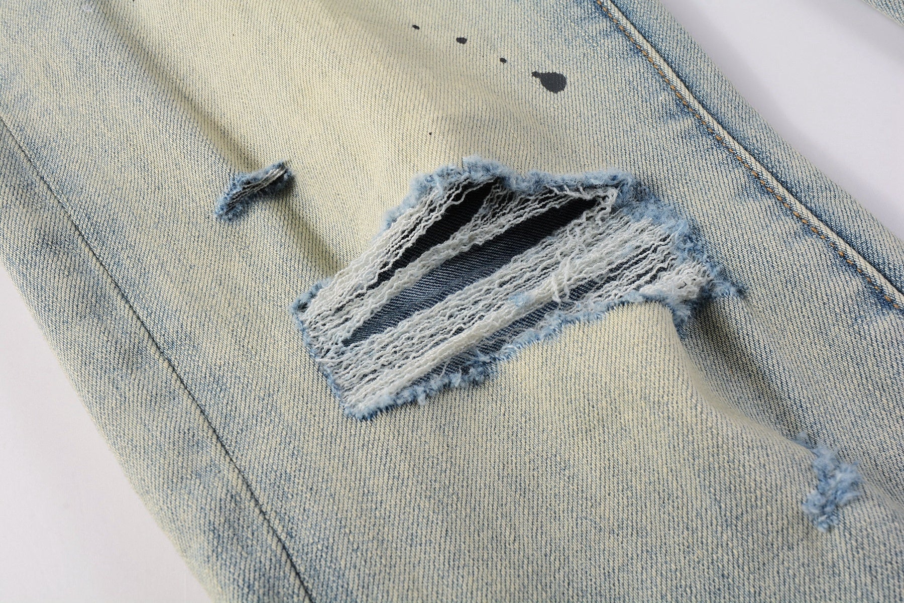 Men's High Street Distressed Blue Destroyed Hole Slim Fit Spray Paint Ripped Jeans