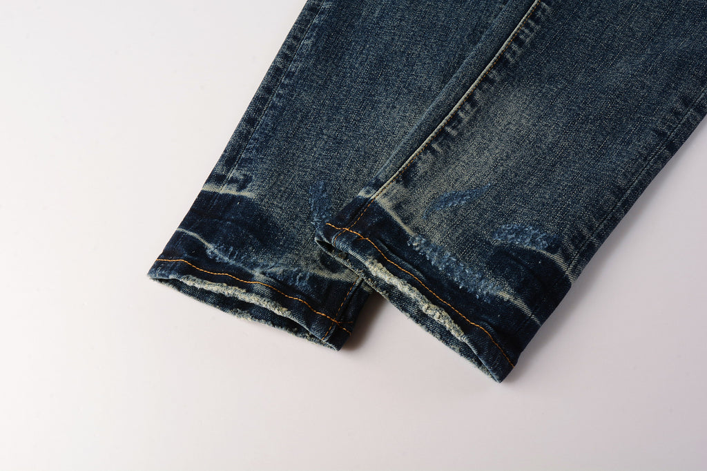 Men's Distressed Dark Blue Skinny Jeans with Ripped Holes & Button Fly