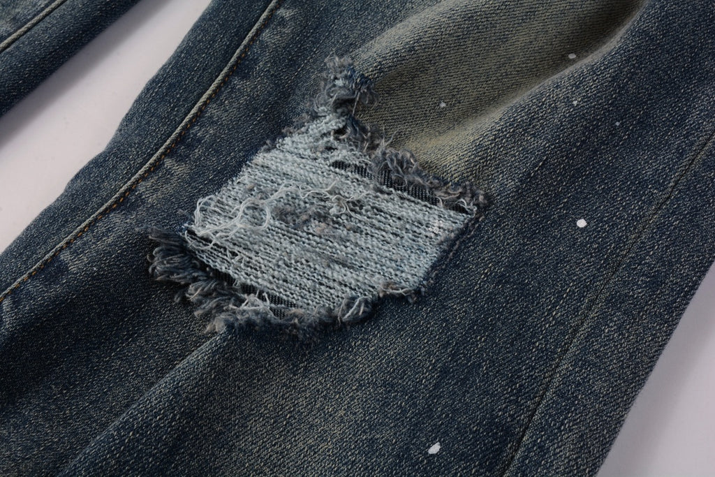 Men's Streetwear Classical Blue Distressed Bandanna Patchwork Stretch Slim Fit Ripped Jeans