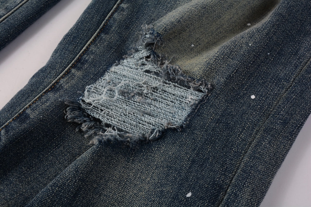 Men's Streetwear Classical Blue Distressed Bandanna Patchwork Stretch Slim Fit Ripped Jeans