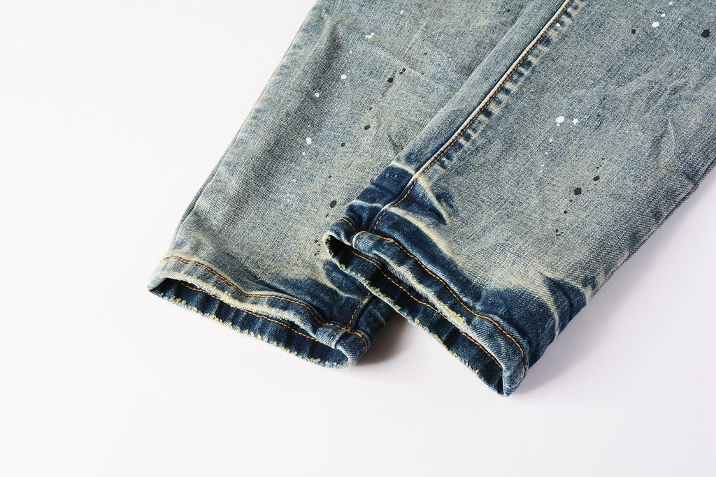 Men's Slim Fit Distressed Light Blue Damaged Holes Blue Patchwork Stretch Ripped Jeans Pants