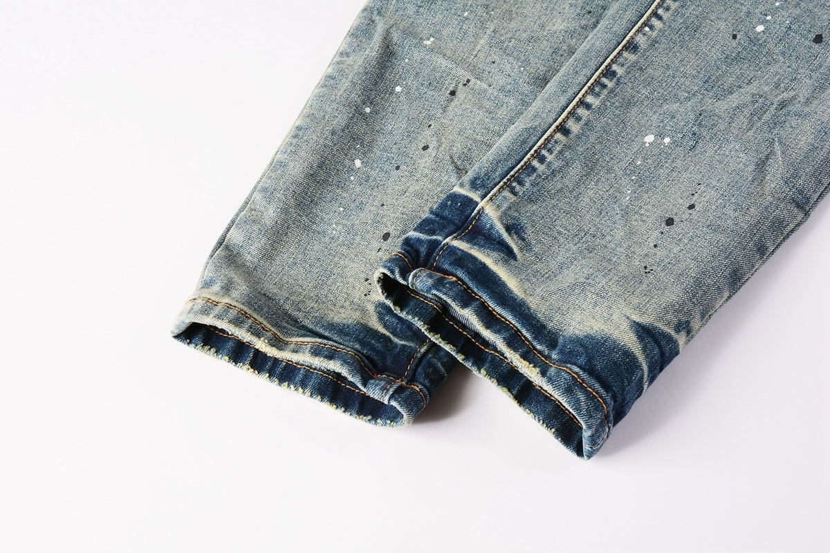 Men's Slim Fit Distressed Light Blue Damaged Holes Blue Patchwork Stretch Ripped Jeans Pants