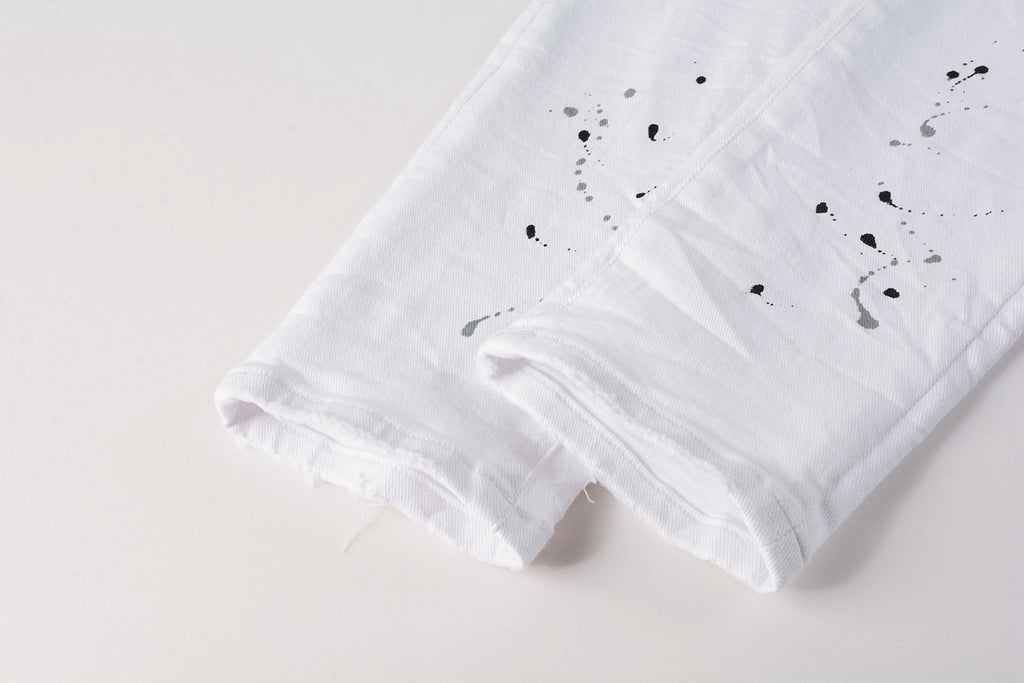 Men's White Distressed Damaged Holes High Stretch Slim Fit Spray Paint Ripped Jeans