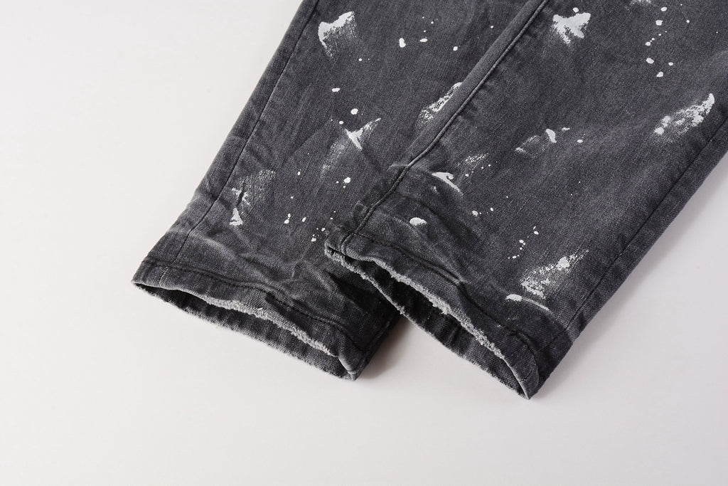 Men's Slim Fit Distressed Gray Damaged Holes Graffiti Stretch Ripped Jeans