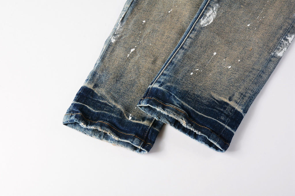 Men's Blue High Street Distressed Dirty Damaged Holes Stretch Slim Fit Ripped Jeans