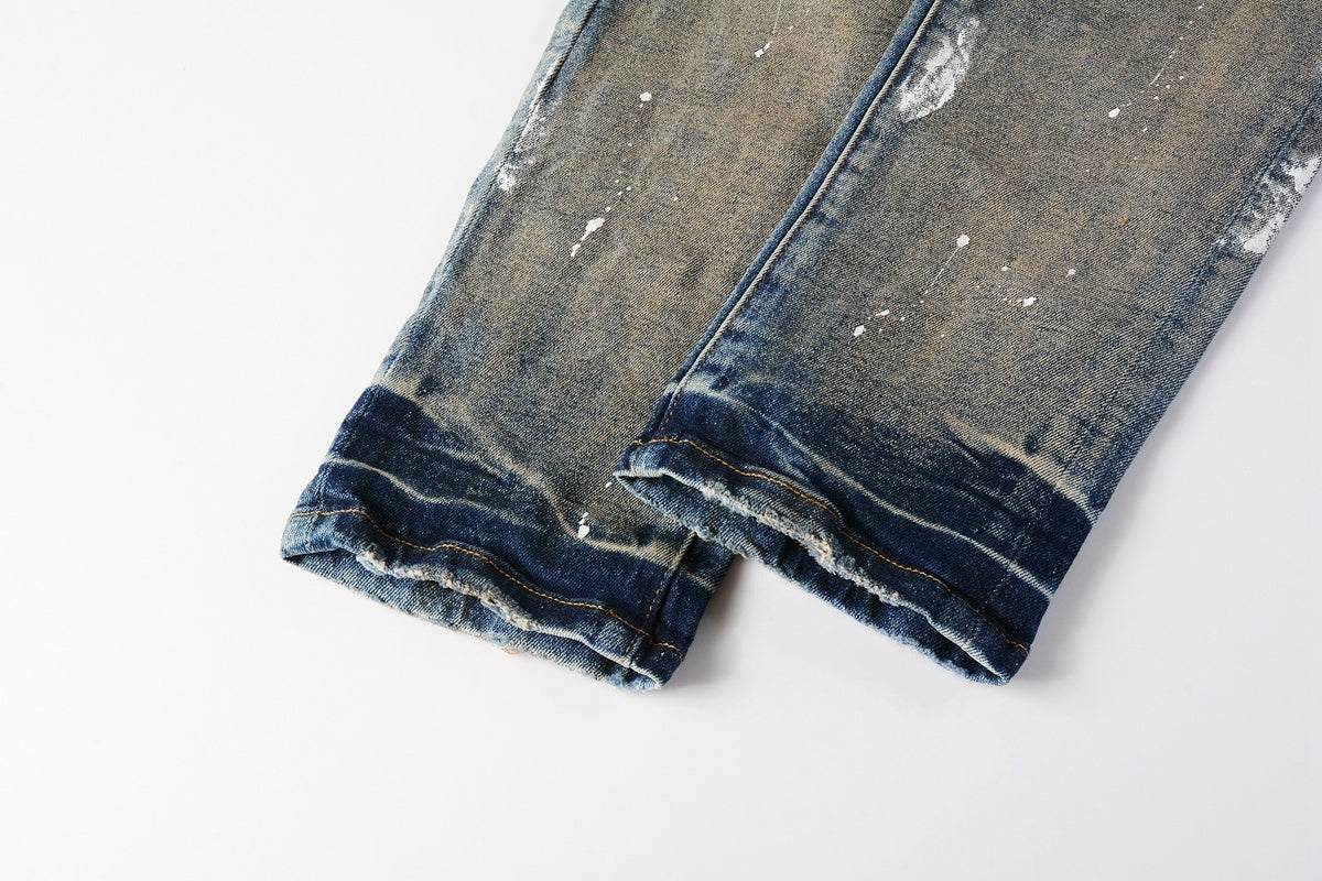 Men's Blue High Street Distressed Dirty Damaged Holes Stretch Slim Fit Ripped Jeans