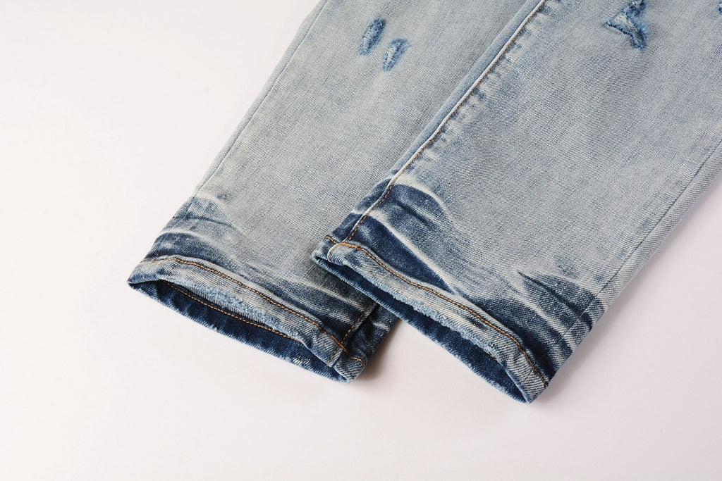 Men's Slim Fit Streetwear Distressed Light Blue Destroyed Holes Patchwork Stretch Ripped Jeans
