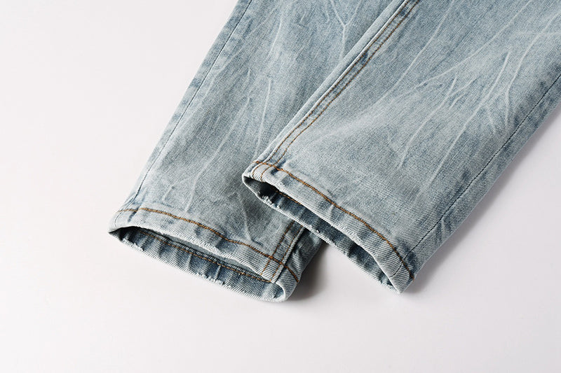 Men's Ksubi-Style Light Wash Rhinestone Logo Skinny Jeans - Streetwear Denim