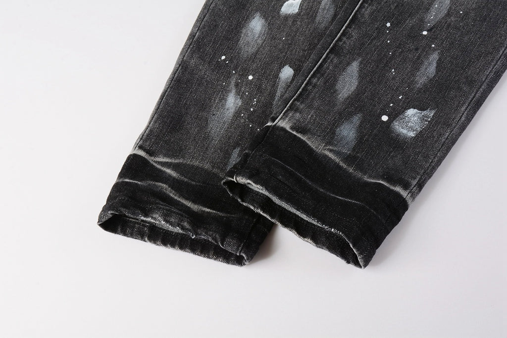 Men's High Street Distressed Gray Damaged Holes Spray Painted Stretch Slim Fit Ripped Jeans
