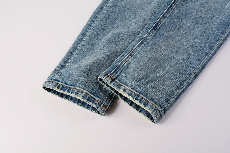 Men’s Ksubi Style Light Blue Patchwork Distressed Skinny Jeans Streetwear Denim