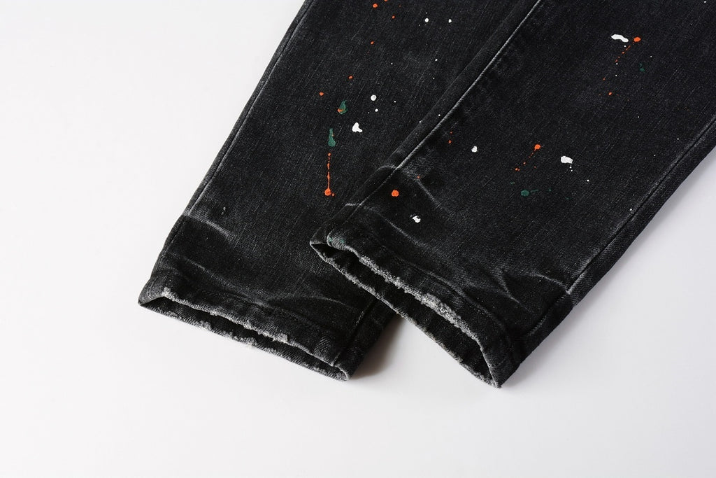 Men's High Street Distressed Black Gray Damaged Holes Spray Paint Stretch Slim Fit Ripped Jeans