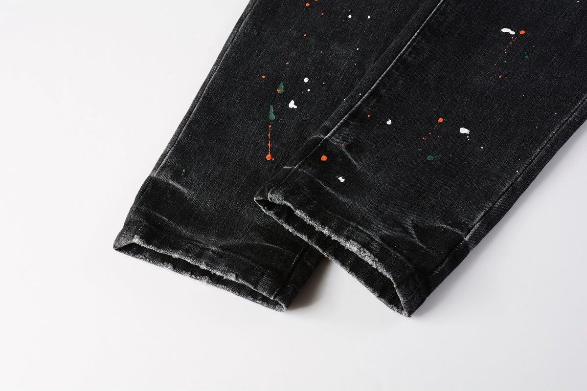 Men's High Street Distressed Black Gray Damaged Holes Spray Paint Stretch Slim Fit Ripped Jeans