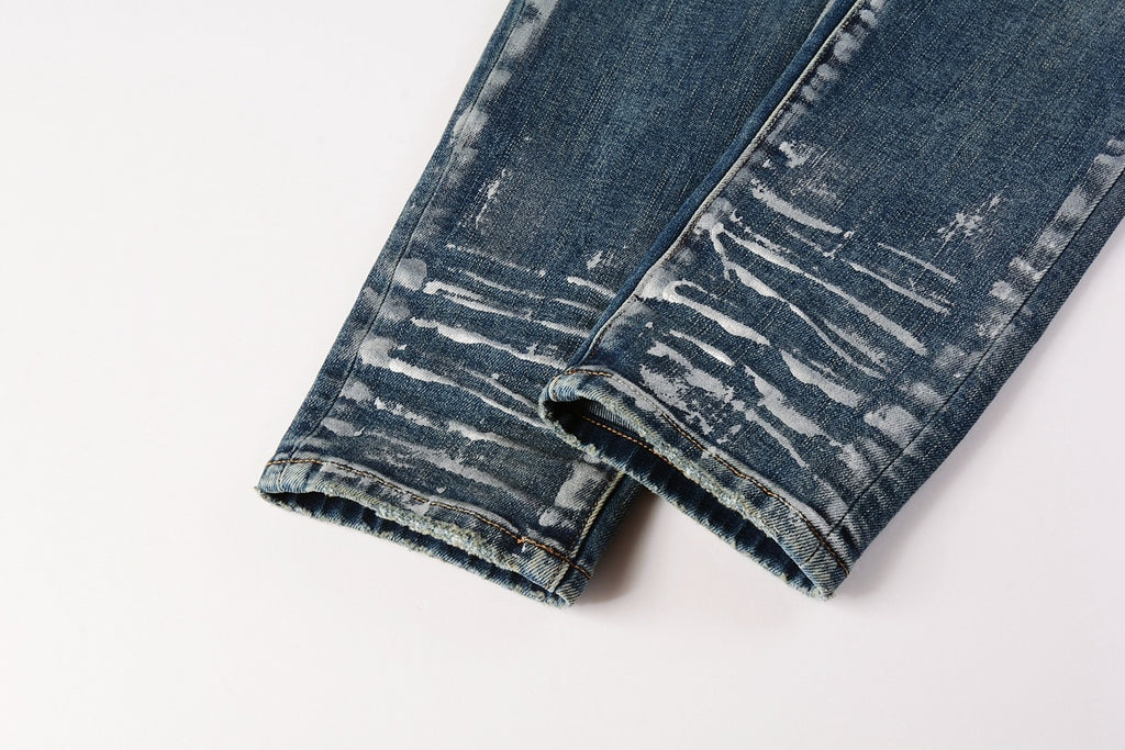 Men's Streetwear Slim Fit Distressed Classical Blue Graffiti Stretch Jeans