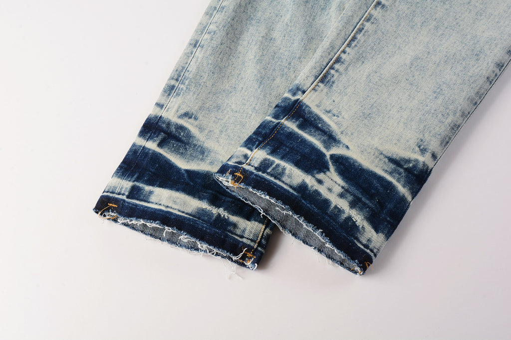 Men's Distressed Light Indigo Skinny Jeans with Ripped Holes & Button Fly