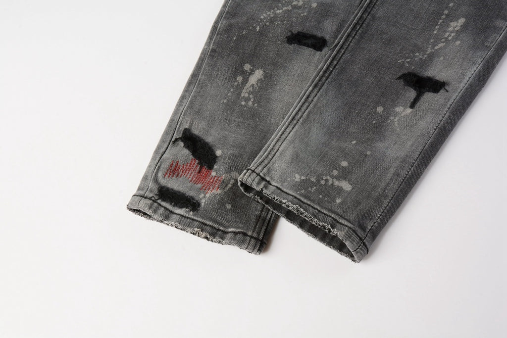 Men's Grey Wash Embroidered Distressed Skinny Jeans - Stretch Denim