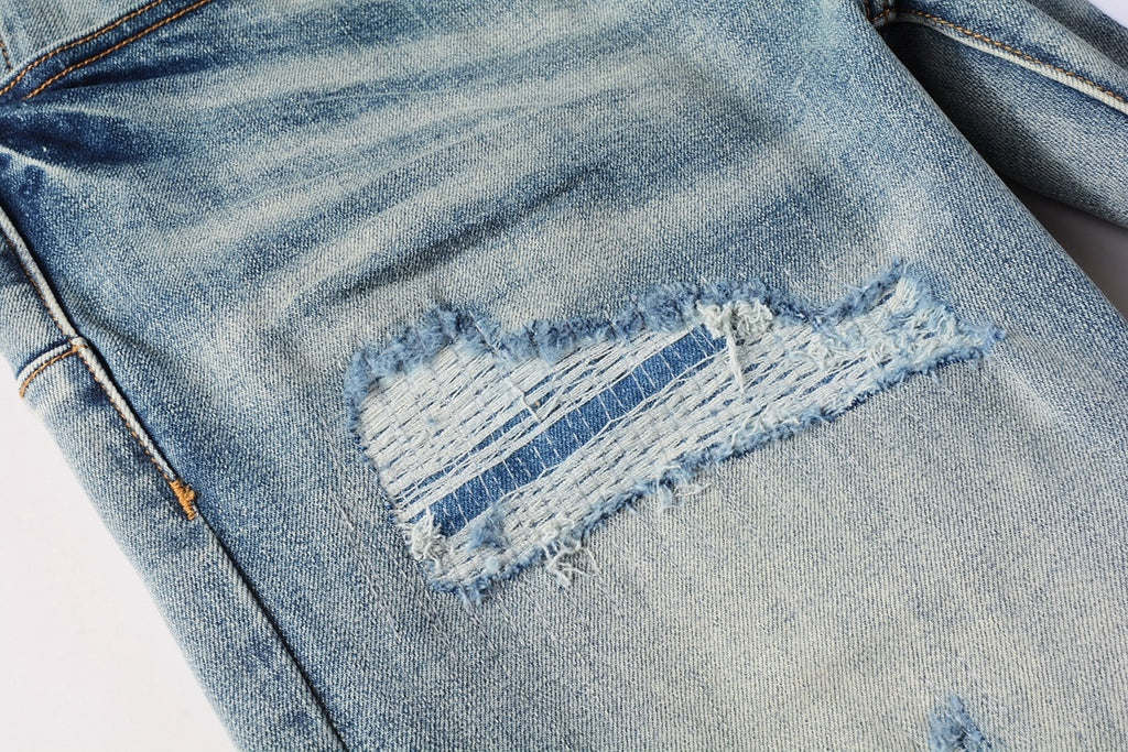 Men's Streetwear Slim Fit Distressed Light Blue Stretch Skinny Damaged Holes Raw Hems Ripped Jeans