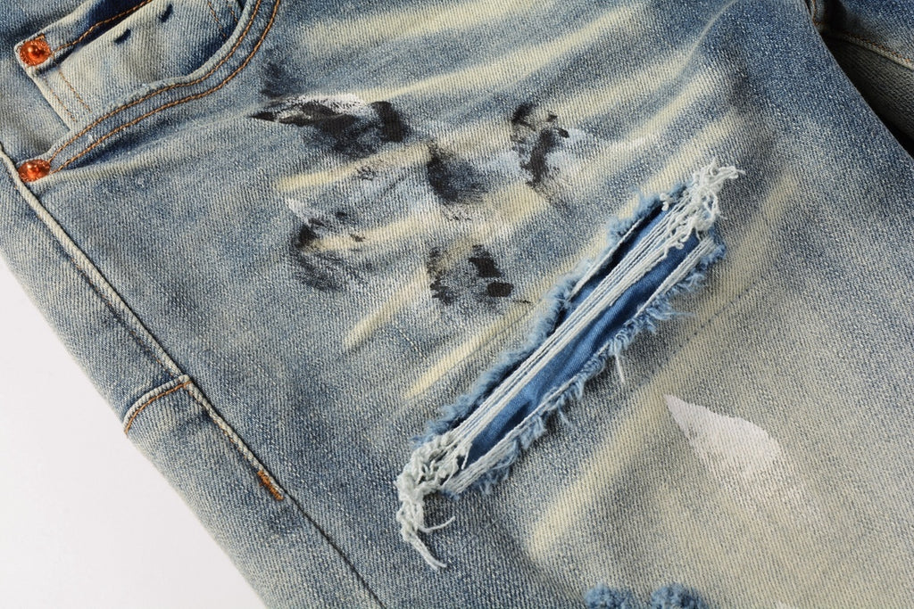 Men High Street Distressed Light Blue Destroyed Holes Graffiti Painted Stretch Slim Fit Ripped Jeans