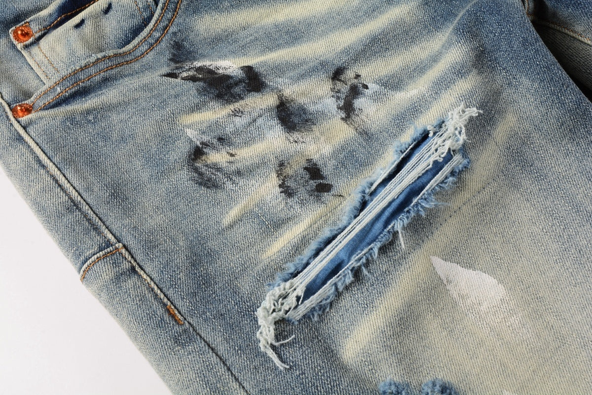 Men High Street Distressed Light Blue Destroyed Holes Graffiti Painted Stretch Slim Fit Ripped Jeans