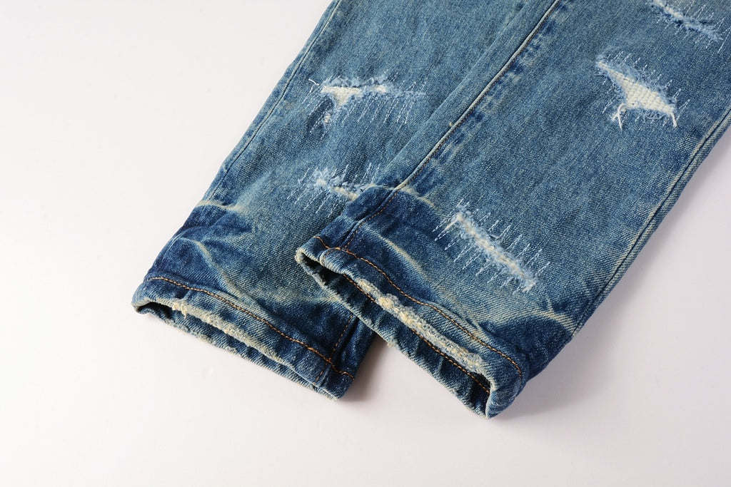 Men's Slim Fit Distressed Sea Blue Skinny Jeans with Button Fly & Ripped Detailing